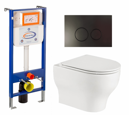 Комплект 3 в 1 инсталляция Enio Aquanika + Подвесной унитаз WeltWasser Erlenbach 004 GL-WT + кнопка черная матовая круглая