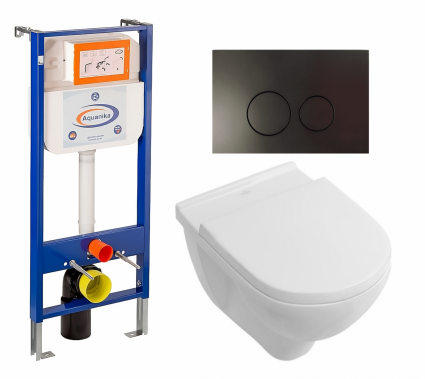Комплект 3 в 1 инсталляция Enio Aquanika + Унитаз подвесной Villeroy & Boch O Novo + кнопка черная матовая круглая