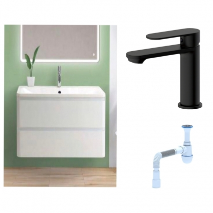 Комплект: Тумба с раковиной BelBagno Albano 100 bianco lucido + Смеситель для раковины Haiba HB10590-7, черный + Сифон АниПласт
