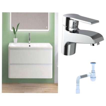 Комплект: Тумба с раковиной BelBagno Albano 100 bianco lucido + Смеситель Agger Right A2902100 для раковины однорычажный хром + Сифон АниПласт