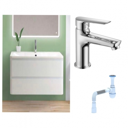Комплект: Тумба с раковиной BelBagno Albano 100 bianco lucido + Смеситель для раковины Haiba HB10198, хром + Сифон АниПласт