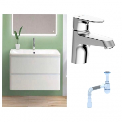 Комплект: Тумба с раковиной BelBagno Albano 100 bianco lucido + Смеситель Bravat Alfa F1120178CP для раковины, хром + Сифон АниПласт