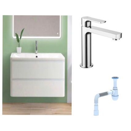 Комплект: Тумба с раковиной BelBagno Albano 100 bianco lucido + Смеситель Lemark plus Grace LM1537C для раковины однорычажный, хром + Сифон АниПласт