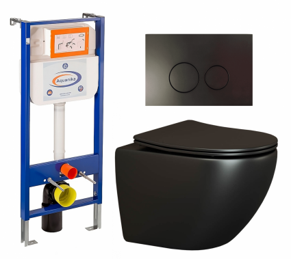 Комплект 3 в 1 инсталляция Enio Aquanika + Унитаз подвесной Ceramica Nova Metropol CN4002MB + кнопка черная матовая круглая