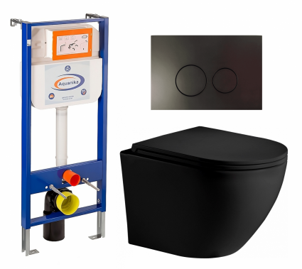 Комплект 3 в 1 инсталляция Enio Aquanika + Унитаз подвесной Weltwasser WW Merzbach 043 MT-BL + кнопка черная матовая круглая
