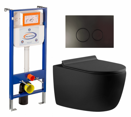 Комплект 3 в 1 инсталляция Enio Aquanika + Унитаз подвесной Aquanet Cetus-BW 287008 + кнопка черная матовая круглая