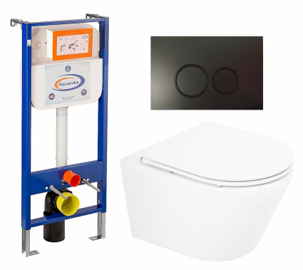 Комплект 3 в 1 инсталляция Enio Aquanika + Унитаз подвесной BelBagno Tre BB8001CHR/SC + кнопка черная матовая круглая