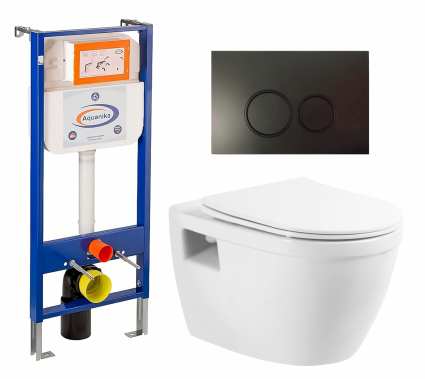 Комплект 3 в 1 инсталляция Enio Aquanika + Унитаз подвесной BelBagno Loto BB070CHR/SC + кнопка черная матовая круглая