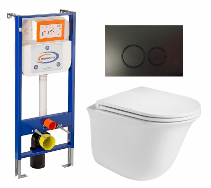 Комплект 3 в 1 инсталляция Enio Aquanika + Подвесной унитаз WeltWasser Telbach 004 GL-WT + кнопка черная матовая круглая