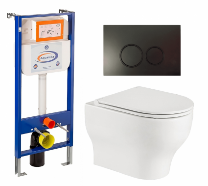 Комплект 3 в 1 инсталляция Enio Aquanika + Подвесной унитаз WeltWasser Erlenbach 004 GL-WT + кнопка черная матовая круглая