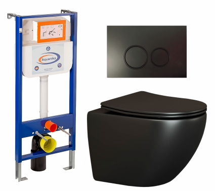 Комплект 3 в 1 инсталляция Enio Aquanika + Унитаз подвесной Ceramica Nova Metropol CN4002MB + кнопка черная матовая круглая