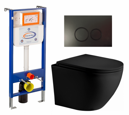 Комплект 3 в 1 инсталляция Enio Aquanika + Унитаз подвесной Weltwasser WW Merzbach 043 MT-BL + кнопка черная матовая круглая