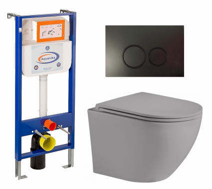 Комплект 3 в 1 инсталляция Enio Aquanika + Унитаз подвесной Weltwasser WW Merzbach 043 MT-GR + кнопка черная матовая круглая