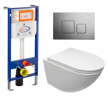 Комплект 3 в 1 инсталляция Enio Aquanika + Подвесной безободковый унитаз CeruttiSpa Sella aria CT7183 + кнопка хром квадратная