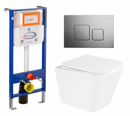 Комплект 3 в 1 инсталляция Enio Aquanika + Унитаз подвесной BelBagno Due BB3103CHR/SC + кнопка хром квадратная