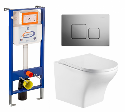 Комплект 3 в 1 инсталляция Enio Aquanika + Подвесной унитаз WeltWasser Odenbach 004 GL-WT + кнопка хром квадратная