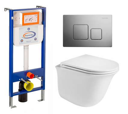 Комплект 3 в 1 инсталляция Enio Aquanika + Подвесной унитаз WeltWasser Telbach 004 GL-WT + кнопка хром квадратная