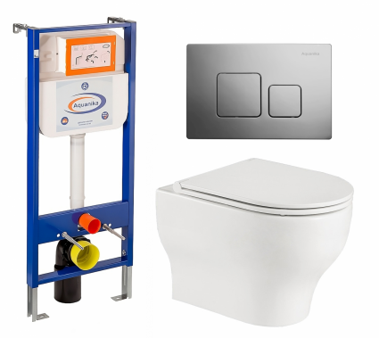 Комплект 3 в 1 инсталляция Enio Aquanika + Подвесной унитаз WeltWasser Erlenbach 004 GL-WT + кнопка хром квадратная
