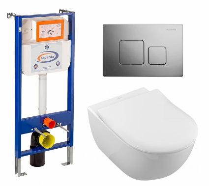 Комплект 3 в 1 инсталляция Enio Aquanika + Унитаз подвесной Villeroy & Boch Subway 2.0 5614R201 + кнопка хром квадратная