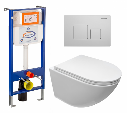 Комплект 3 в 1 инсталляция Enio Aquanika + Подвесной безободковый унитаз CeruttiSpa Sella aria CT7183 + кнопка белая квадратная