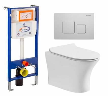 Комплект 3 в 1 инсталляция Enio Aquanika + Подвесной безободковый унитаз CeruttiSpa Bernina aria CT7191 + кнопка белая квадратная