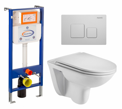 Комплект 3 в 1 инсталляция Enio Aquanika + Подвесной унитаз WeltWasser Baarbach 004 GL-WT + кнопка белая квадратная