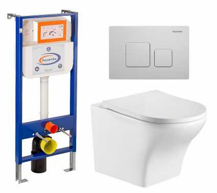 Комплект 3 в 1 инсталляция Enio Aquanika + Подвесной унитаз WeltWasser Odenbach 004 GL-WT + кнопка белая квадратная