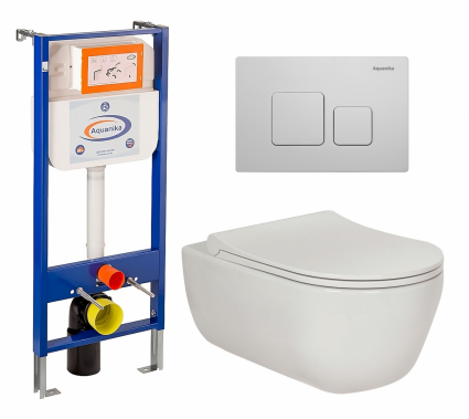 Комплект 3 в 1 инсталляция Enio Aquanika + Унитаз подвесной Berges Wasserhaus Ego XL 082118 + кнопка белая квадратная