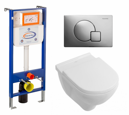 Комплект 3 в 1 инсталляция Enio Aquanika + Унитаз подвесной Villeroy & Boch O Novo + кнопка хром