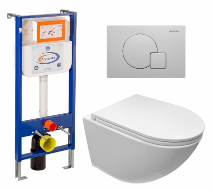 Комплект 3 в 1 инсталляция Enio Aquanika + Подвесной безободковый унитаз CeruttiSpa Sella aria CT7183 + кнопка белая