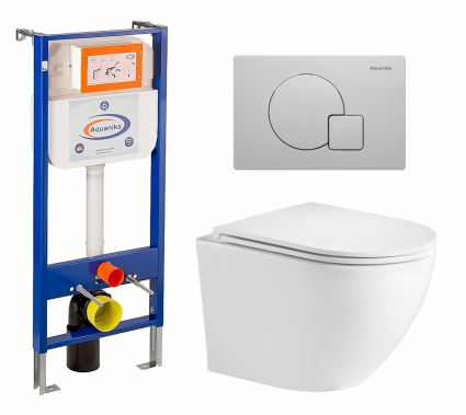 Комплект 3 в 1 инсталляция Enio Aquanika + Подвесной унитаз WeltWasser Merzbach 043 GL-WT + кнопка белая