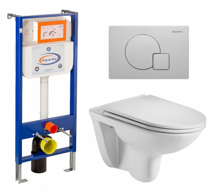 Комплект 3 в 1 инсталляция Enio Aquanika + Подвесной унитаз WeltWasser Baarbach 004 GL-WT + кнопка белая
