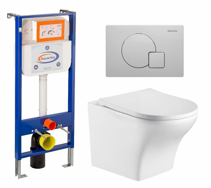 Комплект 3 в 1 инсталляция Enio Aquanika + Подвесной унитаз WeltWasser Odenbach 004 GL-WT + кнопка белая