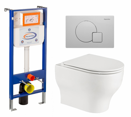 Комплект 3 в 1 инсталляция Enio Aquanika + Подвесной унитаз WeltWasser Erlenbach 004 GL-WT + кнопка белая