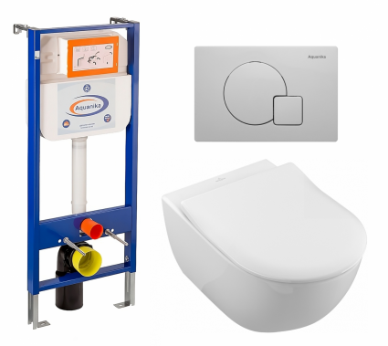 Комплект 3 в 1 инсталляция Enio Aquanika + Унитаз подвесной Villeroy & Boch Subway 2.0 5614R201 + кнопка белая