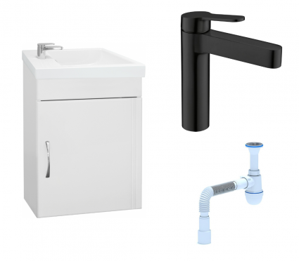 Комплект: Тумба с раковиной Style Line Эко Стандарт №1 40 + Смеситель BelBagno Delta DEL-LVM-NERO + Сифон АниПласт