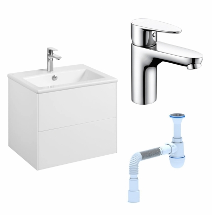 Комплект: Тумба с раковиной Акватон Сохо 60 белая + Смеситель Wasserkraft Leine 3503 хром + Сифон АниПласт