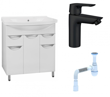 Комплект: Тумба с раковиной Style Line Жасмин 80 + Смеситель Aquanet Static AF330-10B + Сифон АниПласт