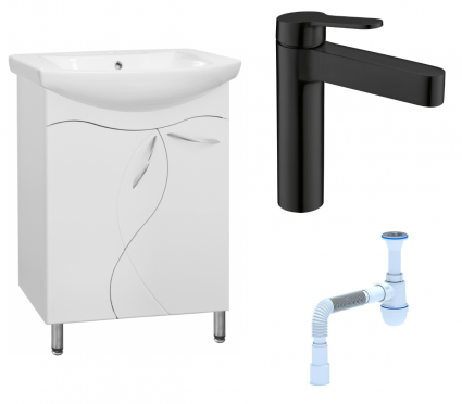 Комплект: Тумба с раковиной Style Line Амелия 65 + Смеситель BelBagno Delta DEL-LVM-NERO + Сифон АниПласт