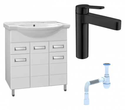 Комплект: Тумба с раковиной Style Line Ирис 75 + Смеситель BelBagno Delta DEL-LVM-NERO + Сифон АниПласт