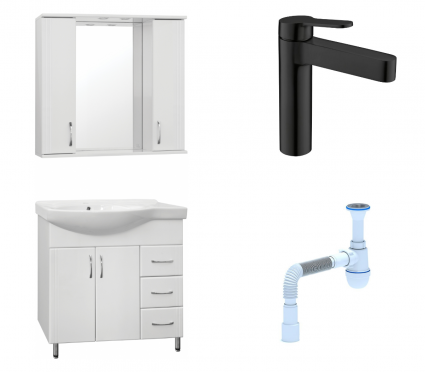 Комплект: Мебель для ванной Style Line Эко Стандарт №25 82 + Смеситель BelBagno Delta DEL-LVM-NERO + Сифон АниПласт