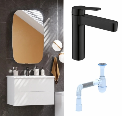 Комплект: Мебель для ванной Акватон Сохо 75 белая + Смеситель BelBagno Delta DEL-LVM-NERO черный + Сифон АниПласт