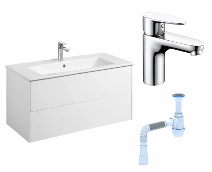 Комплект: Тумба с раковиной Акватон Сохо 100 белая + Смеситель Wasserkraft Leine 3503 хром + Сифон АниПласт