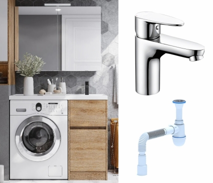 Комплект: Мебель для ванной Акватон Лондри 40 R дуб сантана + Смеситель Wasserkraft Leine 3503 хром + Сифон АниПласт