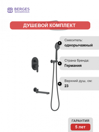 Душевой комплект Berges Wasserhaus Nardis 3R 071014 С ВНУТРЕННЕЙ ЧАСТЬЮ, черный матовый, шланг металлический 150 см