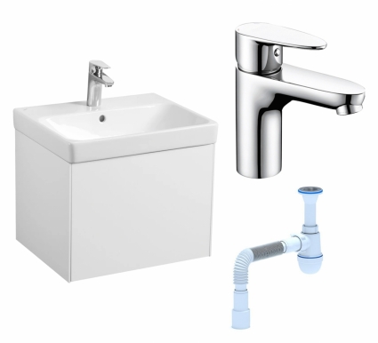 Комплект: Тумба с раковиной Акватон Асти 55 белая + Смеситель Wasserkraft Leine 3503 хром + Сифон АниПласт