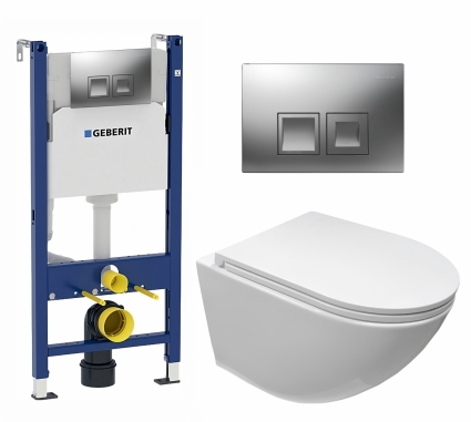 Комплект 3 в 1 инсталляция Geberit Duofix + Подвесной безободковый унитаз CeruttiSpa Sella aria CT7183 + кнопка хром матовый