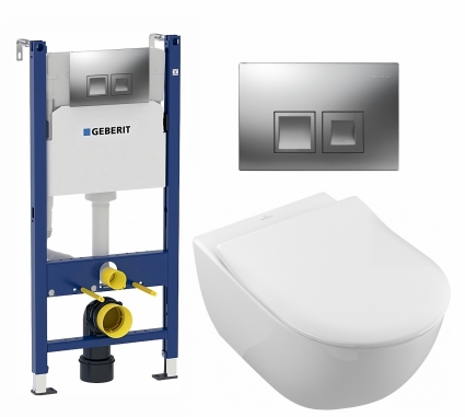 Комплект 3 в 1 инсталляция Geberit Duofix + Унитаз подвесной Villeroy & Boch Subway 2.0 5614R201 + кнопка хром матовый