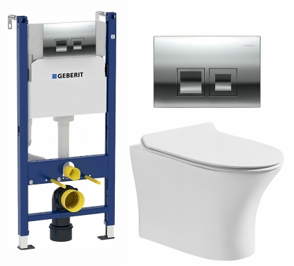 Комплект 3 в 1 инсталляция Geberit Duofix + Подвесной безободковый унитаз CeruttiSpa Bernina aria CT7191 + кнопка хром