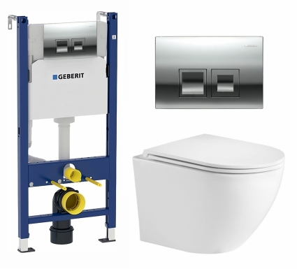 Комплект 3 в 1 инсталляция Geberit Duofix + Подвесной унитаз WeltWasser Merzbach 043 GL-WT + кнопка хром